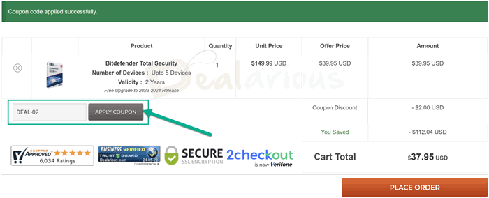 How to apply Bitdefender Total Security coupon on Dealarious